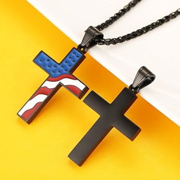 American Flag Patriotic Cross Pendant and Necklace - Picture 3 of 3